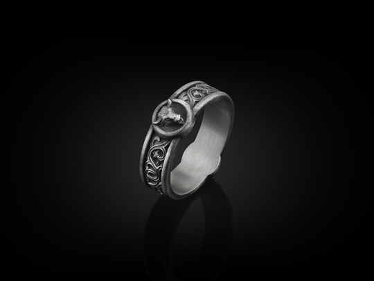 Taurus Bull With Lily Motifs Handmade Sterling Silver Men Band Ring, Ram Wedding Stackable Biker Animal Zodiac Sign Ring