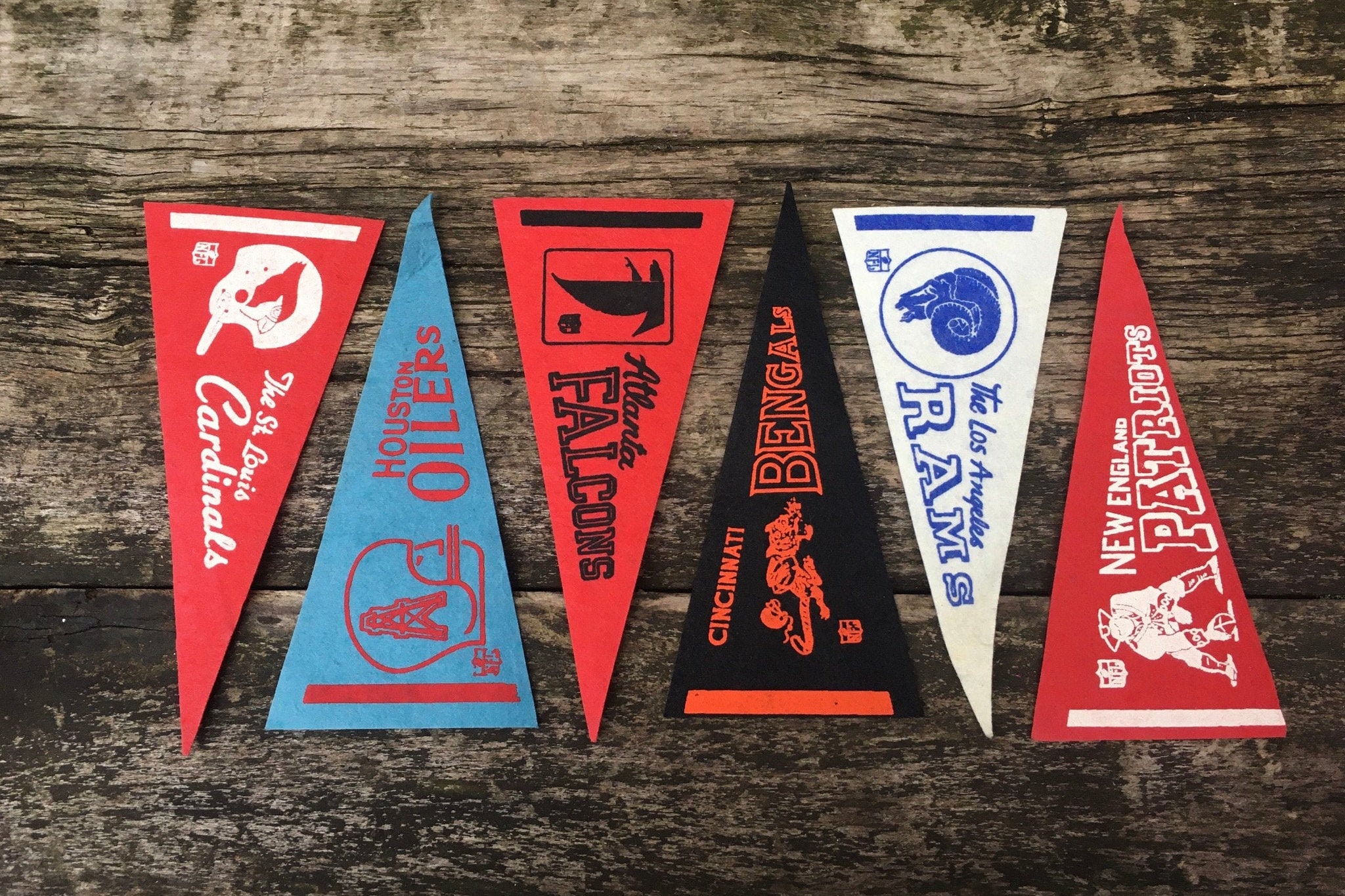 Choose Team Cardinals, Oilers, Falcons, Bengals, Rams, Patriots Vintage Nfl Football Pennant 1970S Era 9 Inch Felt Banner Flag