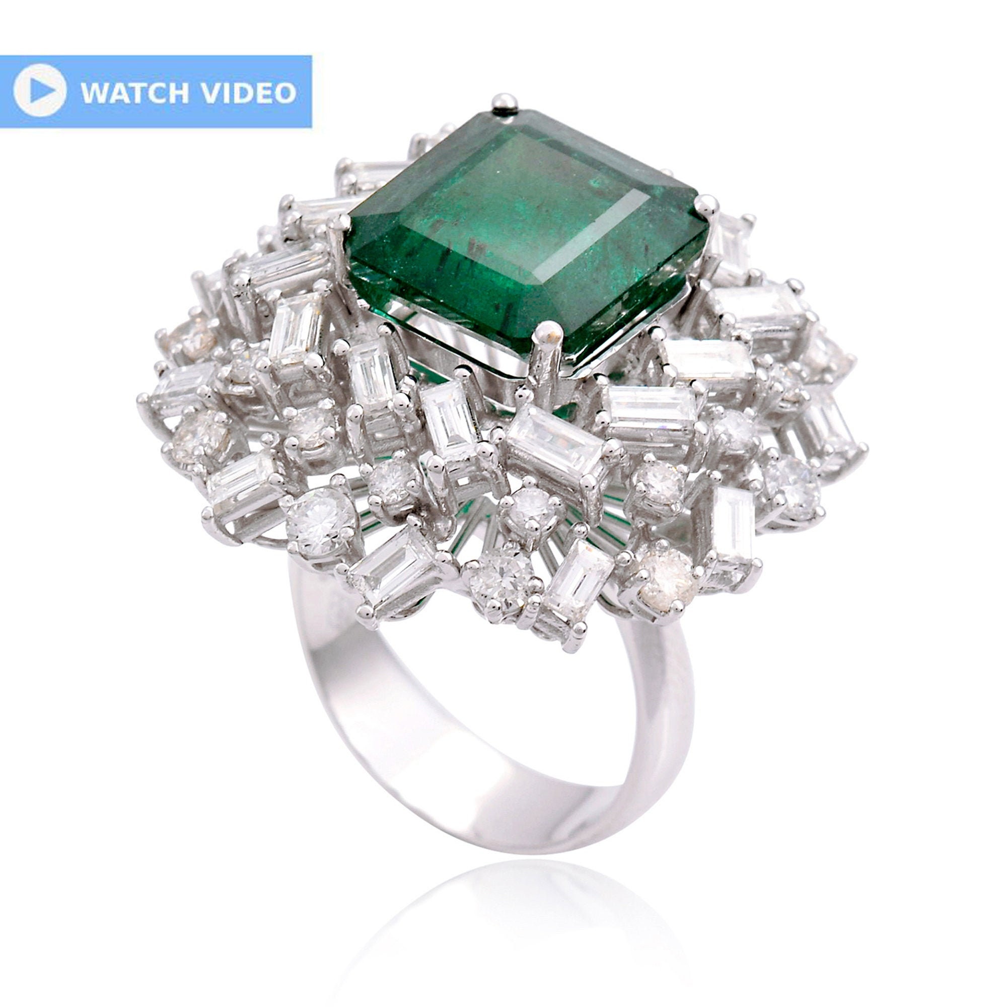 18K White Gold 8.15 Ct. Emerald Gemstone Natural Hi/Si Clarity Baguette Diamond Cocktail Ring Handmade Fashion Women Jewelry Gift For Her