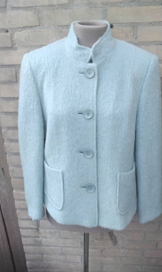Vintage Sky Bleu Alpaca Wool Blend Size 12 Uk Short Furry Coat, Light Fluffy Woman Mix Jacket, Blazer
