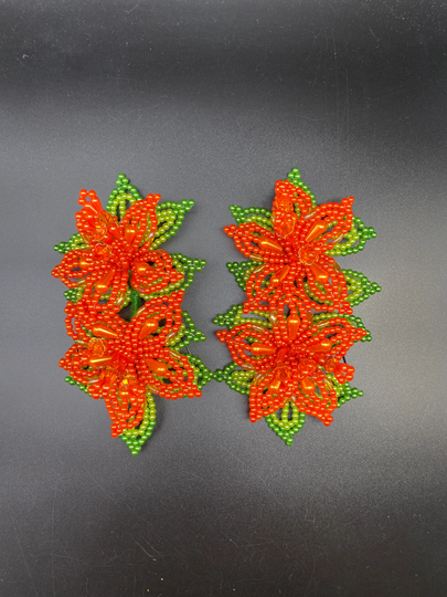 Pair | 2 Of Small Tapamoños Tembleques Beaded Flower Pearl Orange Panama Pollera Montuno Horquilla Hair Pin
