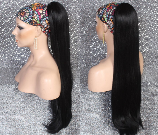 Jet Black Human Hair Blend Drawstring Ponytail Silky Straight Extra Long Piece Extension Quick & Easy Wear