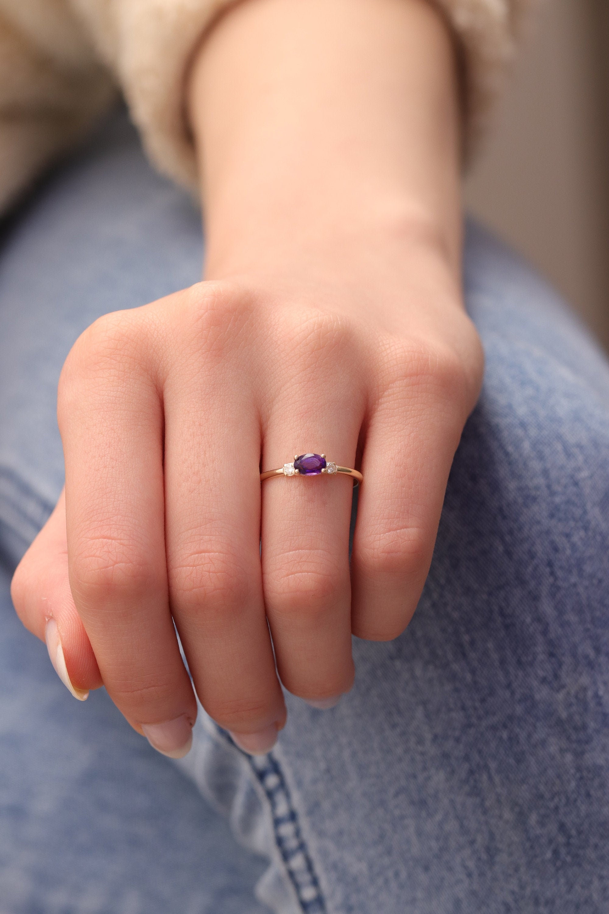 14K & 18K Gold Genuine Amethyst With Diamond Ring/February Birthstone Purple Available in Gold, Rose White