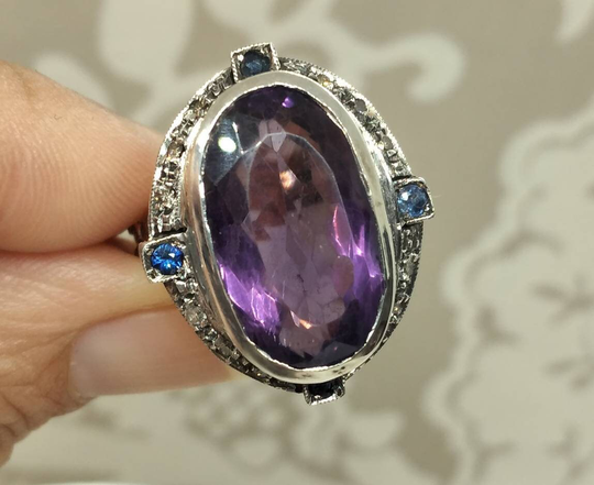 Antique Ring With Large Amethyst Diamonds & Sapphires, Gold Deco Great Natural Jewelry