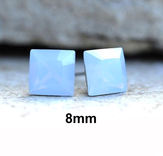 8mm Air Blue Opal Square Rhinestone Stud Earrings, Crystal Vintage Earrings