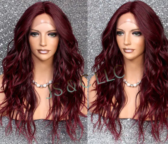 Human Hair Blend Wig Natural Relaxed Beachy Waves Burgundy & Black Mix Hand Tied Monofilament Center Part Heat Ok Cancer/Alopecia/Cosplay