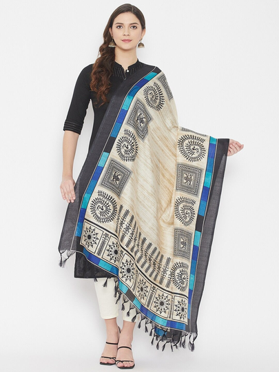 Women's Cotton Blend Beige & Blue Printed Dupatta Free Shipping