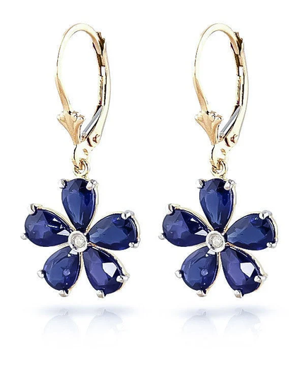 14K Solid Gold Natural Blue Sapphire Floral Drop Earrings
