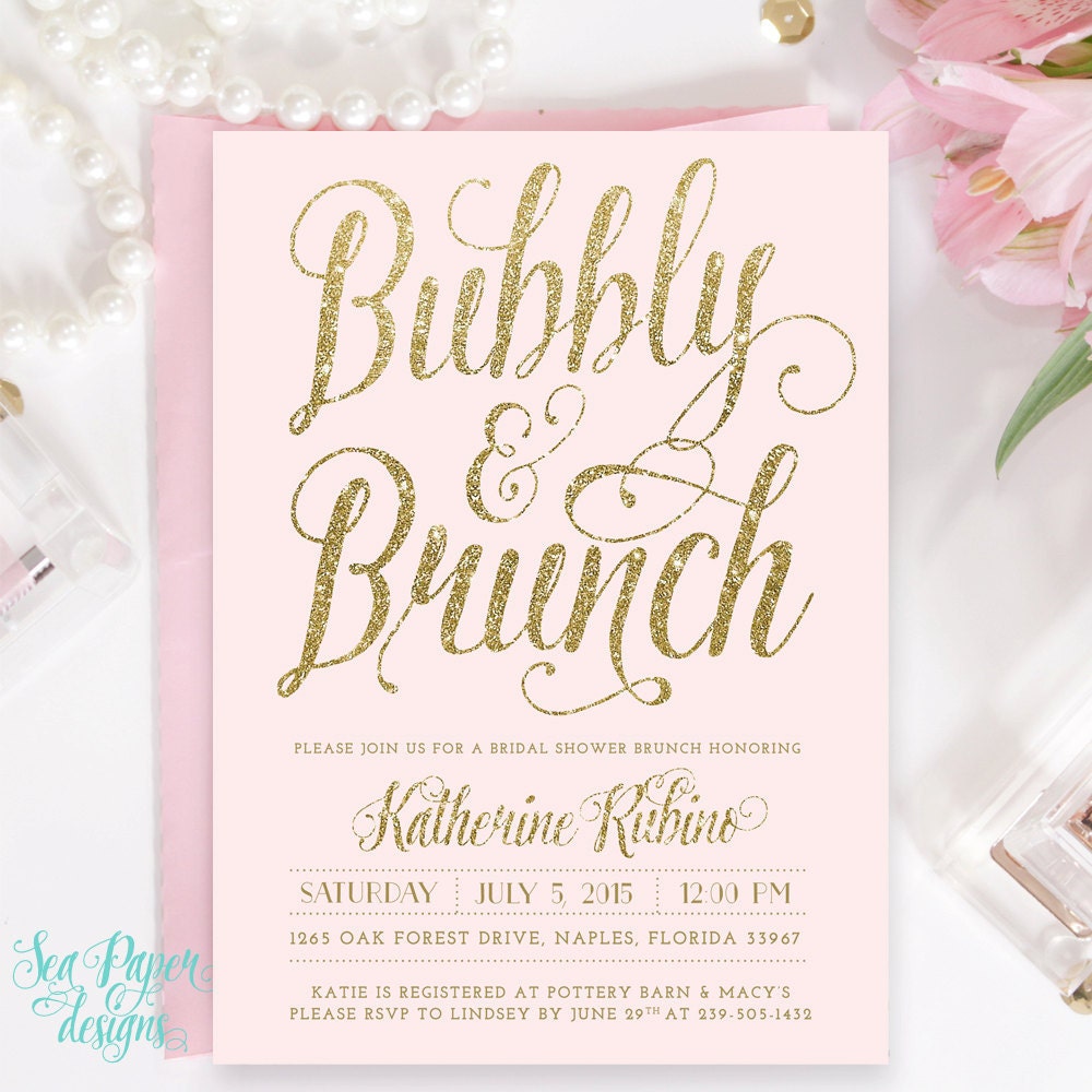 Brunch & Bubbly Bridal Shower Invitation Blush Pink & Gold Glitter, Champagne Or Mimosa Party Invite, Printed Digital - Ava