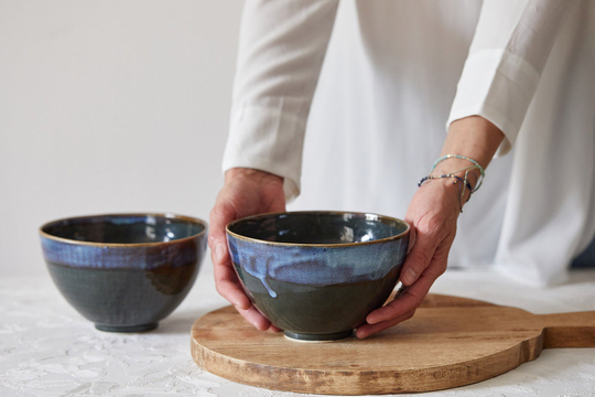 Two Deep Large Handmade Pottery Soup Bowls, Asian Pho Blue - Purple Ceramic Bowls Set, Unique Dinnerware Ramen
