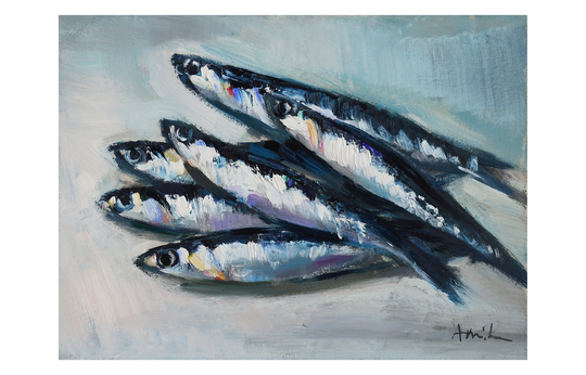 Anchovies - Original Oil Painting Paintings Food Seafood Small Still Life Sardine Anchovy Fish Fishy Impressionist Fishes Bold Bright Grey