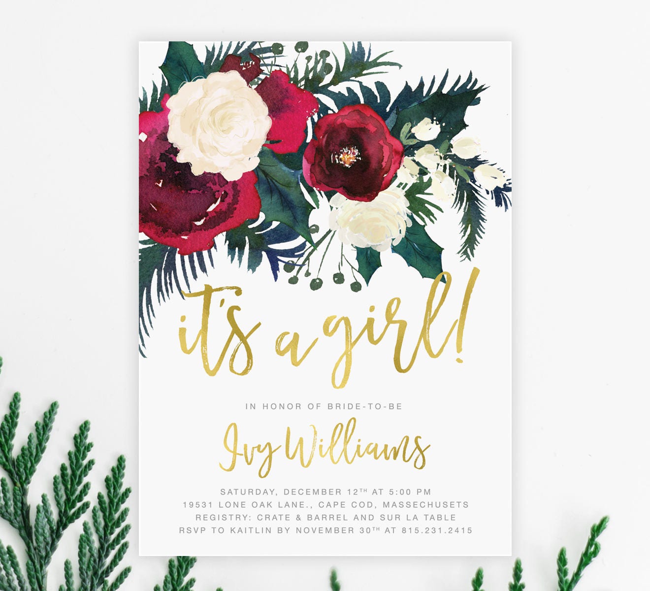 Winter Baby Shower Invitation Girl, Girl Holiday Invite, Christmas Red & White Florals, 32B