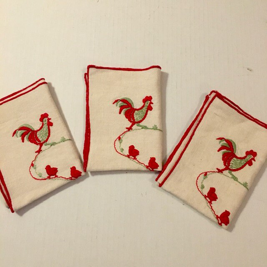 Three Hen & Chicks Napkins Embroidered Linen Vintage Farmhouse