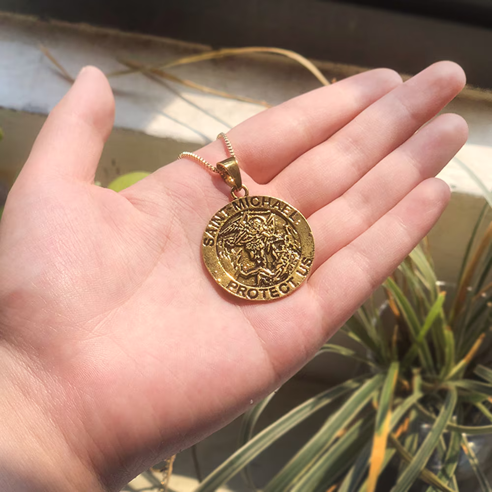 st Michael Pendant, Saint Medal Necklace, Round Necklace Medal, Gold & Silver The Archangel
