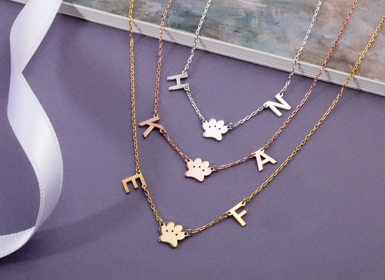 Silver Cat Dog Paw Letter Necklace, Gold Pets Name Initial Pet Memorial Jewelry, Gift For Mothers, Animal Lover Jewelry