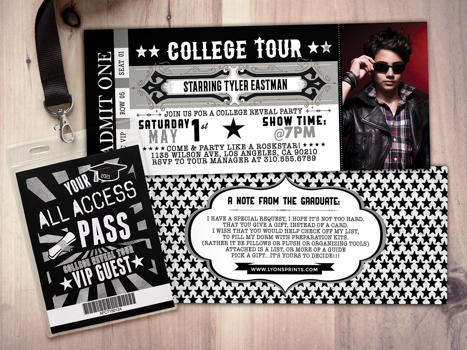 College Reveal Party, Concert Ticket, Graduation Party Invitation, Rockstar Birthday Vip Pass, Ticket Rock Star