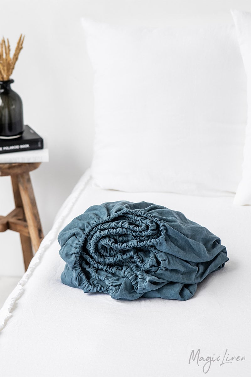 Linen Fitted Sheet in Gray Blue. Bedding. King, Queen, Custom Size Bed Sheet