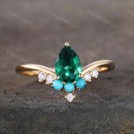 Emerald Ring Yellow Gold Engagement Pear Cut Unique Cluster Wedding Bridal Promise Anniversary Gift