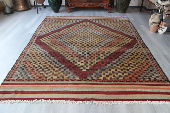Vintage Anatolian Kilim, Large Turkish Bohemian Kilim Rug, Rug, Ethnic 6'5"x8'4" Feet/N-703