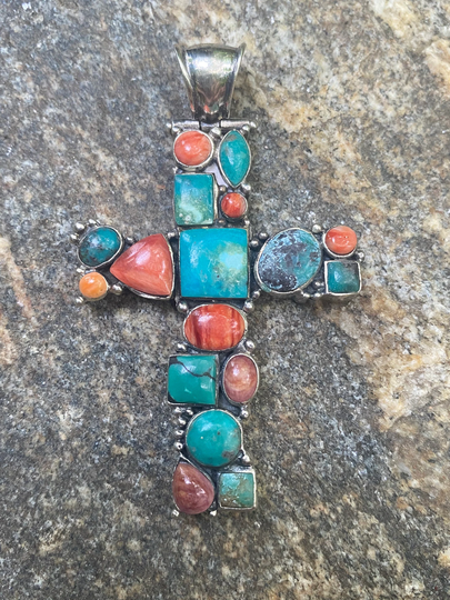 Sterling Silver Multi Colored Stones Cross Pendant #00310