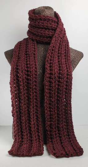 Chunky Wool Blend Crochet Winter Scarf - Burgundy