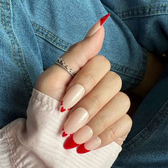 Heart Tips Press On Nails Handpainted False Valentines French