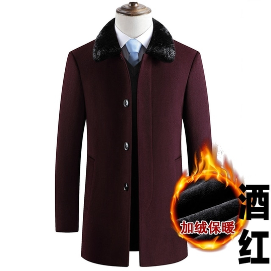 Men's Classic Black Cashmere Coats 2020 Winter New Slim Fit Male Long Wool Trench Coat Thicken Plus Fleece Wool &Blends Overcoat - wine red fur