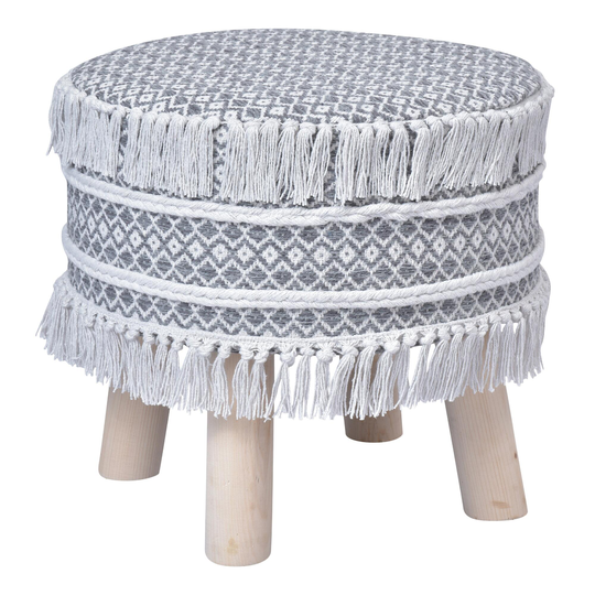 Round Gray and White Wool Upholstered Stool with Tassels by World Market