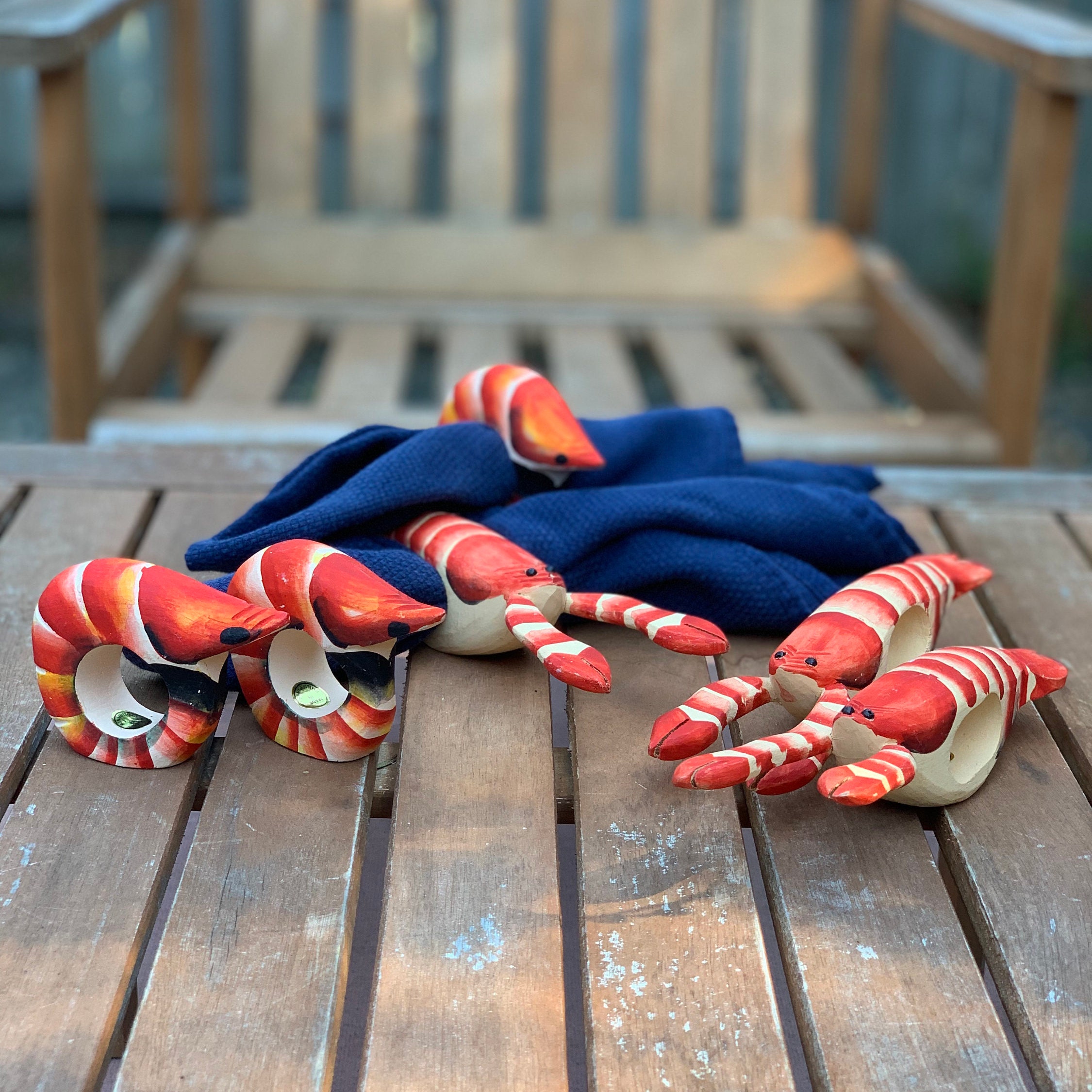 Set Of 6 Carved Wood Shrimp & Crawfish Napkin Rings | Vintage Seafood Summer Ring Low Country Boil