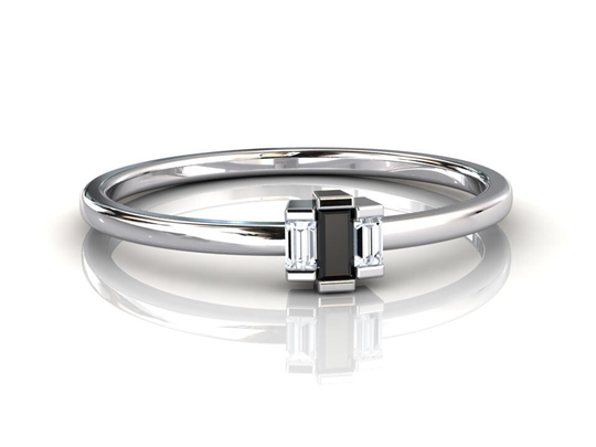 Solid Platinum Art Deco Black Diamond Stacking Ring, Modern Style Band, Baguette Unique Anniversary Jewelry