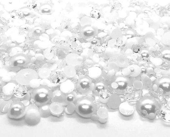 Pearl June Birthstone Blend Rhinestone Mix 2mm-10mm Flatback Jelly Resin | Faux Pearls Rhinestones Mixed Sizes White