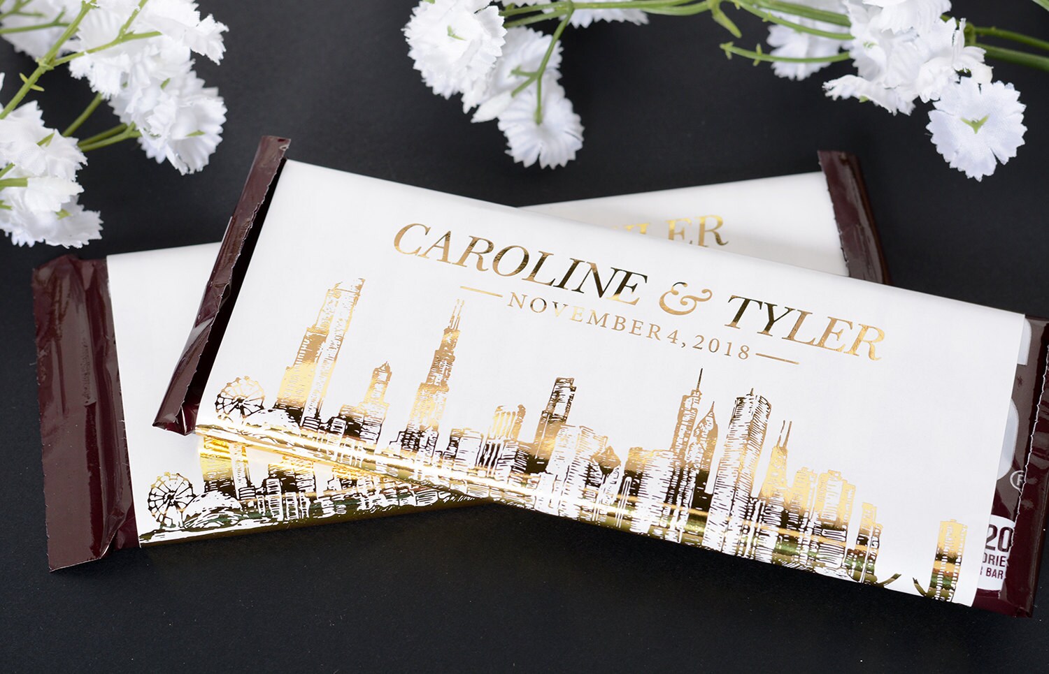 Wedding Candy Wrappers - Metallic Foil Chocolate Bar Wrappers Chicago Labels Custom Stickers #whb-101D