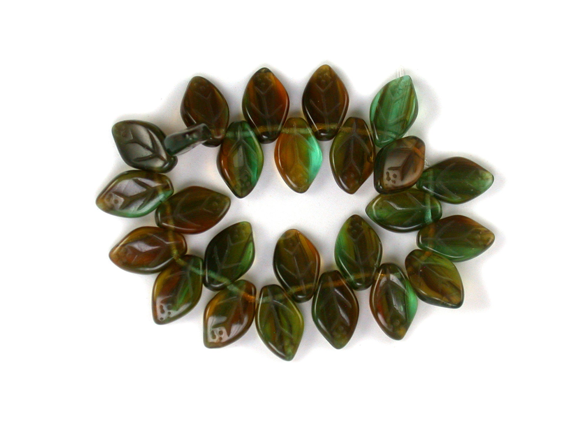 Green Aqua Brown Blend Transparent 7 X 12mm Leaves. Set Of 25