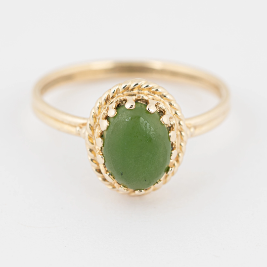 Jade Ring, 10K Yellow Gold Finger Size 5.5, Vintage Cabochon Gemstone 7x6mm