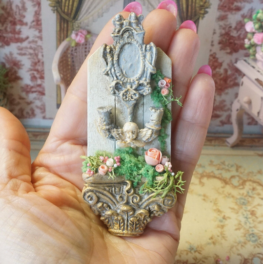 Newdollhouse Brocante Antique Wall Ornate Candelier. 112 Miniature Roses Vase Dolls Mini Shabby French Rococo Decor Candle Dollhouse