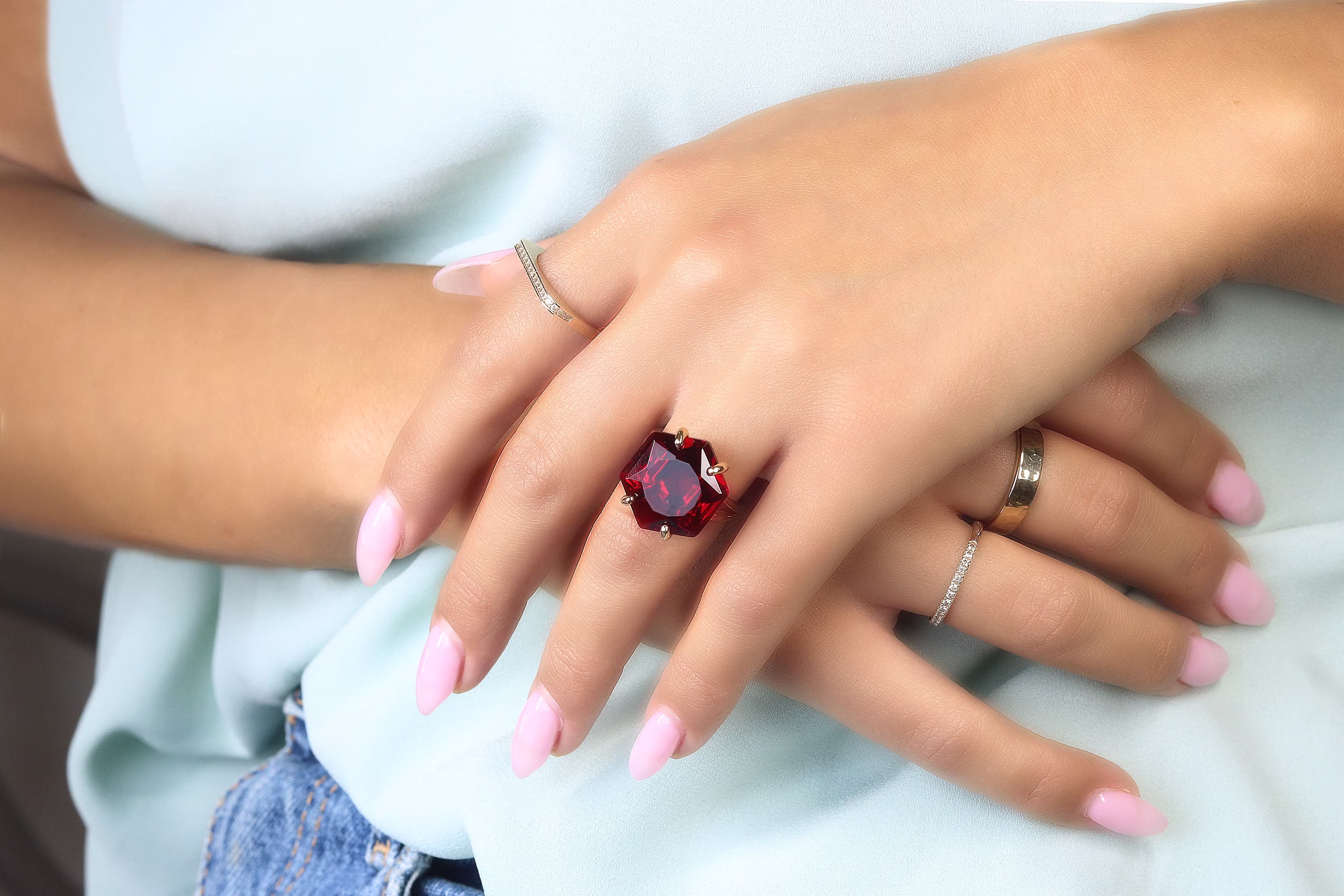 Hexagon Garnet Ring 18K Gold January Birthstone Gemstone Statement Jewelry