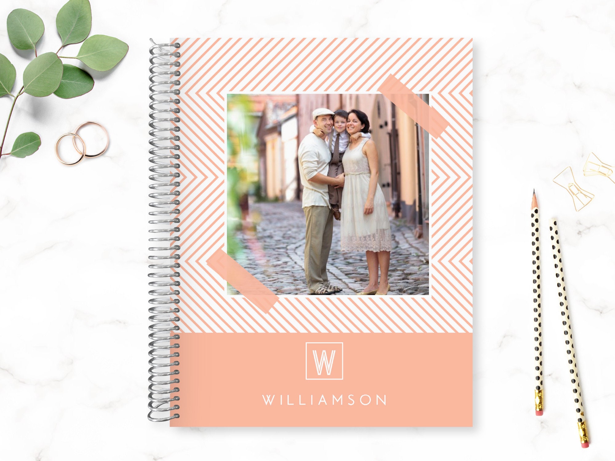 Custom Wedding Planner, Book, Planning Guide, Keepsake Bridal Engagement Gift, Peach Chevron