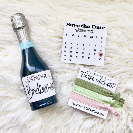 Bridesmaid Proposal Gift Set, Mini Bottle Label Bridesmaid, Will You Help Me Tie The Knot Favor Card + Hair Ties, Save Date Calendar