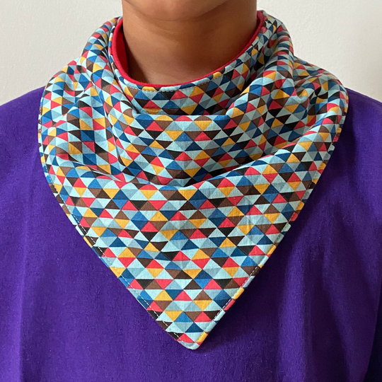 Special Needs Bandanna Bib Child-Adult, Triangles On Light Blue Reversible-Choice Of Colors Absorbent Layers & Waterproof Core By Droolist