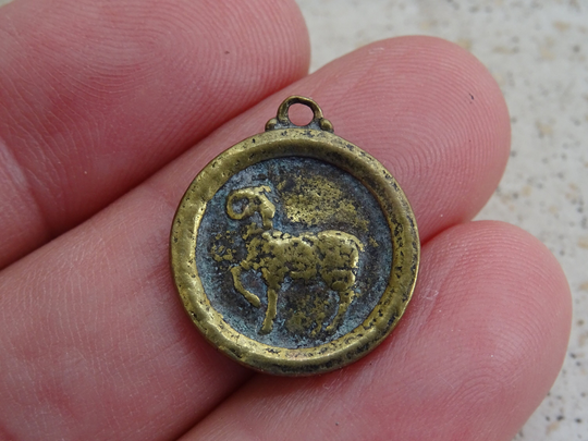 Vintage French Copper Zodiac Constellation Medal Pendant Charm Medallion Sign Of Aries. | Ram B 15