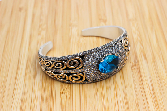 Aquamarine Bracelet, Ottoman Handmade Bangle Cuff, Turkish Handmade, Gift For Her, 925K Sterling Silver