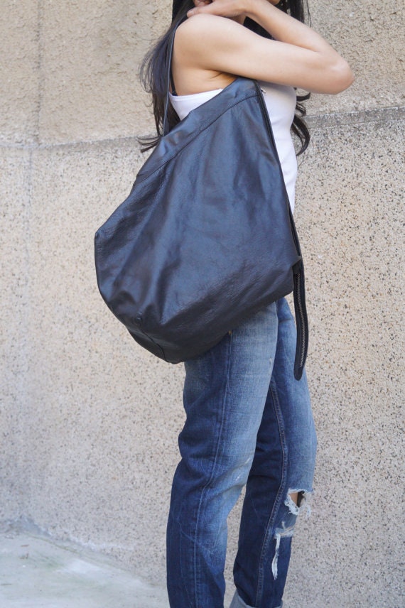 New Genuine Leather Bag/Large Black Bag/Soft Bag With Zipper/Fashion Bag/Handmade Bag/Casual Bag/Handcrafted Bag/F1462