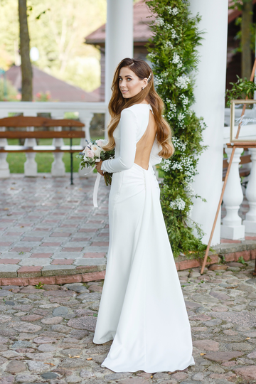 Long Sleeve Crepe Wedding Dress | Open Back Mermaid Modern & Minimalist Bridal Gown Elegant Off-White Buttons
