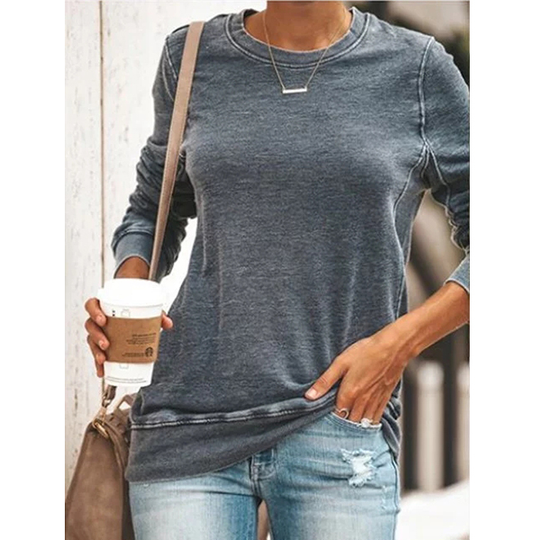 Round Neck Long Sleeve Casual Cotton-Blend Shirts & Tops - Gray, M - medium grey