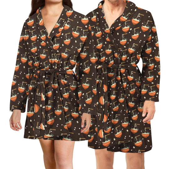 Ramen Noodles Bathrobe - Pattern Robe For Women/Men Cute Asian Food Print His & Hers One Size Fits Most Perfect Couple Gift