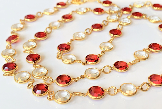 Red & Clear Austrian Crystal 35" Open Bezel Polished Gold Tone Necklace With Lobster Clasp Stamped Usa