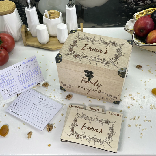 Wooden Recipe Box 4x6 Cooking Family Cards & Recipe Dividers Personalized Gift For Mom Girlfriend Best Friend