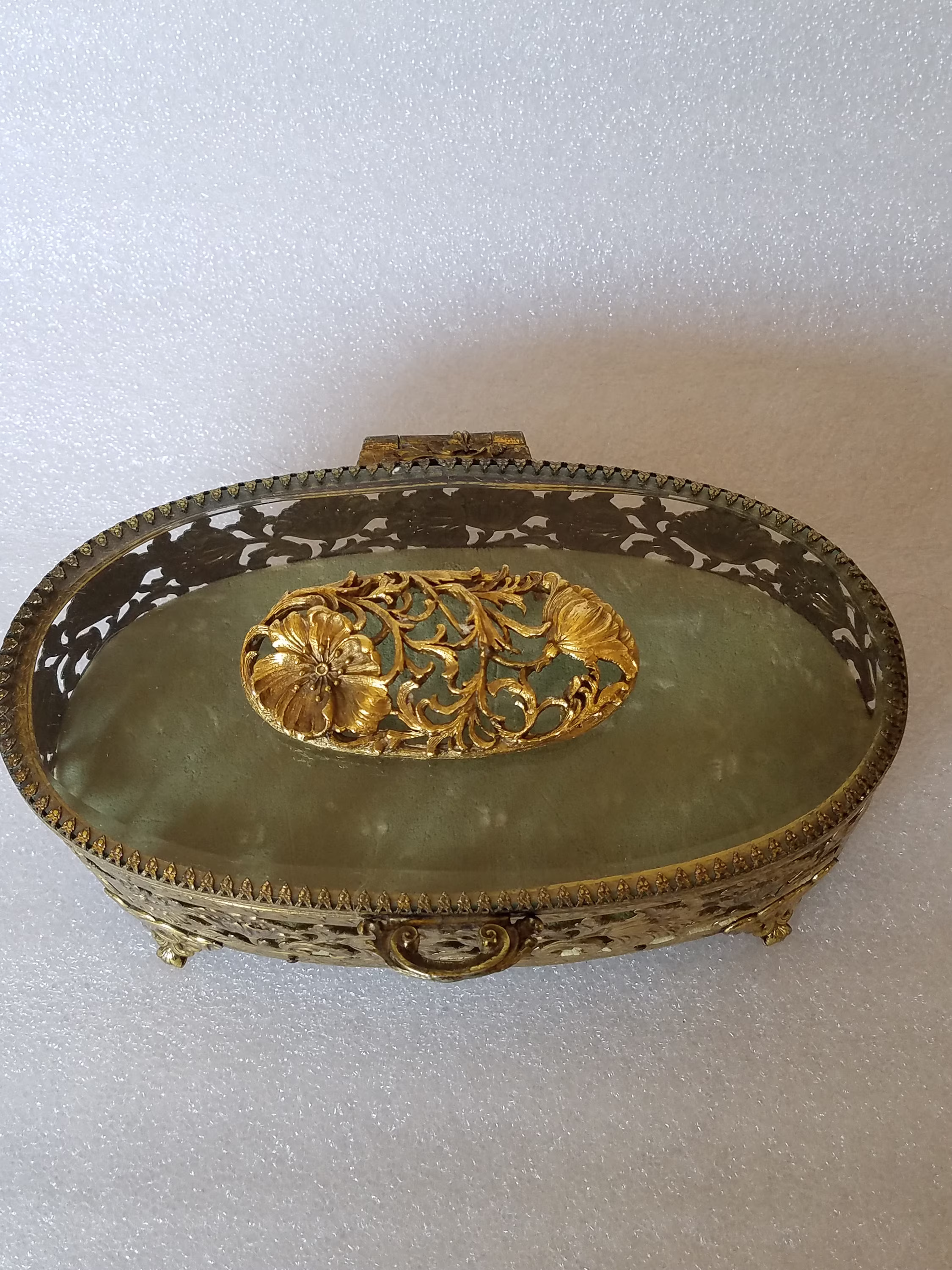 1950's Matson Floral Filigree Ormolu Casket, Oval Shaped, Beveled & Prong Set Glass, Sage Velvet, Hollywood Regency, Poppy Flowers Decor