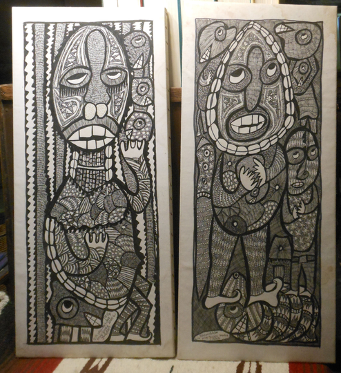 Vintage Ink Drawing Of African Folk Painting Two People Signed