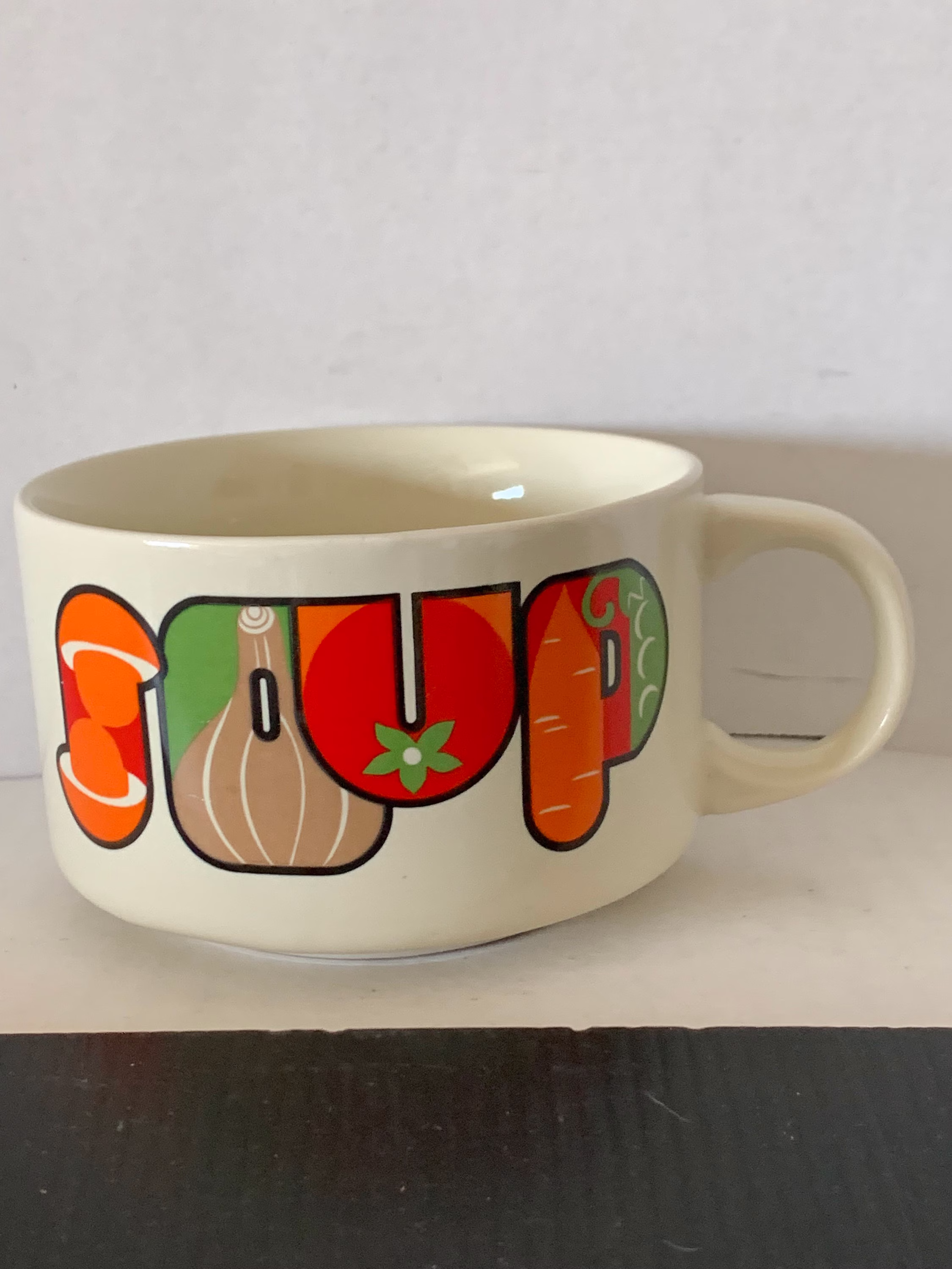 Retro Vegetable Design Lettering Large Soup Mug, Vintage Kitchen, Bowl, Boho Housewarming Gift, Hostess Mcm